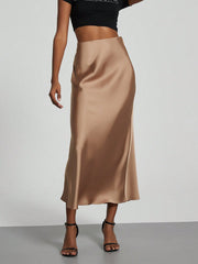 Women Elastic Satin Texture Silky Midi Skirt