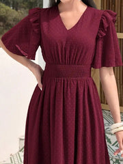 Women Solid Color Ruffle Trim V-Neck Short Sleeve Red Dress