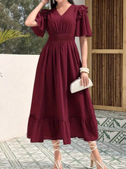 Women Solid Color Ruffle Trim V-Neck Short Sleeve Red Dress