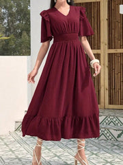 Women Solid Color Ruffle Trim V-Neck Short Sleeve Red Dress