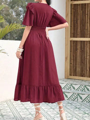 Women Solid Color Ruffle Trim V-Neck Short Sleeve Red Dress