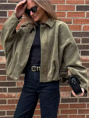 Loose Long Sleeves Zip Vintage Bomber Jacket