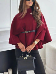 Women's Fashion Elegant Wool Blend Short Sleeve Stand Collar Loose Poncho Coat With Belt