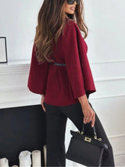 Women's Fashion Elegant Wool Blend Short Sleeve Stand Collar Loose Poncho Coat With Belt