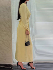 Women's Fashion V-Neck Long Sleeve Elegant Butter Yellow Solid Color Woven Dress