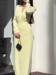Women's Fashion V-Neck Long Sleeve Elegant Butter Yellow Solid Color Woven Dress