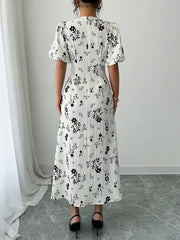 Round Neck Lantern Sleeve Floral Print Dress