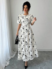 Round Neck Lantern Sleeve Floral Print Dress