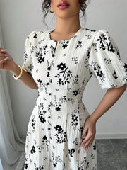 Round Neck Lantern Sleeve Floral Print Dress