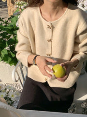 Women's Solid Color Long Sleeve Bow Button Loose Knit Cardigan