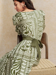 Écloséra V-Neck Print Color Block Bubble Short Sleeve Empire Waist Green Midi Dress