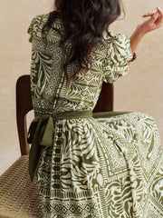 Écloséra V-Neck Print Color Block Bubble Short Sleeve Empire Waist Green Midi Dress