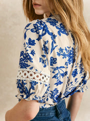 Hollow Floral Print Short Sleeve Blouse