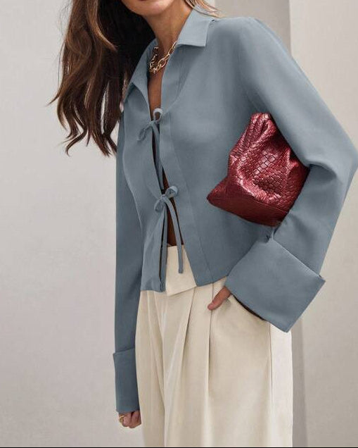 Front Tie Long Sleeve Minimalist Work Shirt