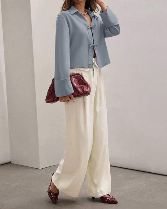Front Tie Long Sleeve Minimalist Work Shirt