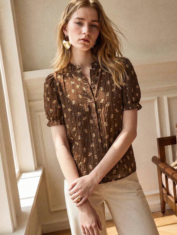 Petal Sleeve All-Over Print Summer Shirt
