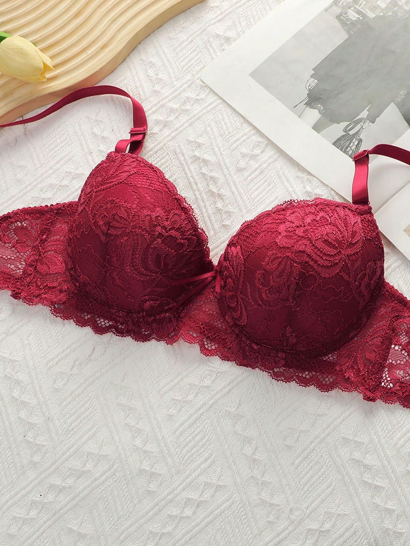 2pcs European & American Style Women's Lingerie Set, Microfiber Lace Bra With Non-Removable Padded Cups