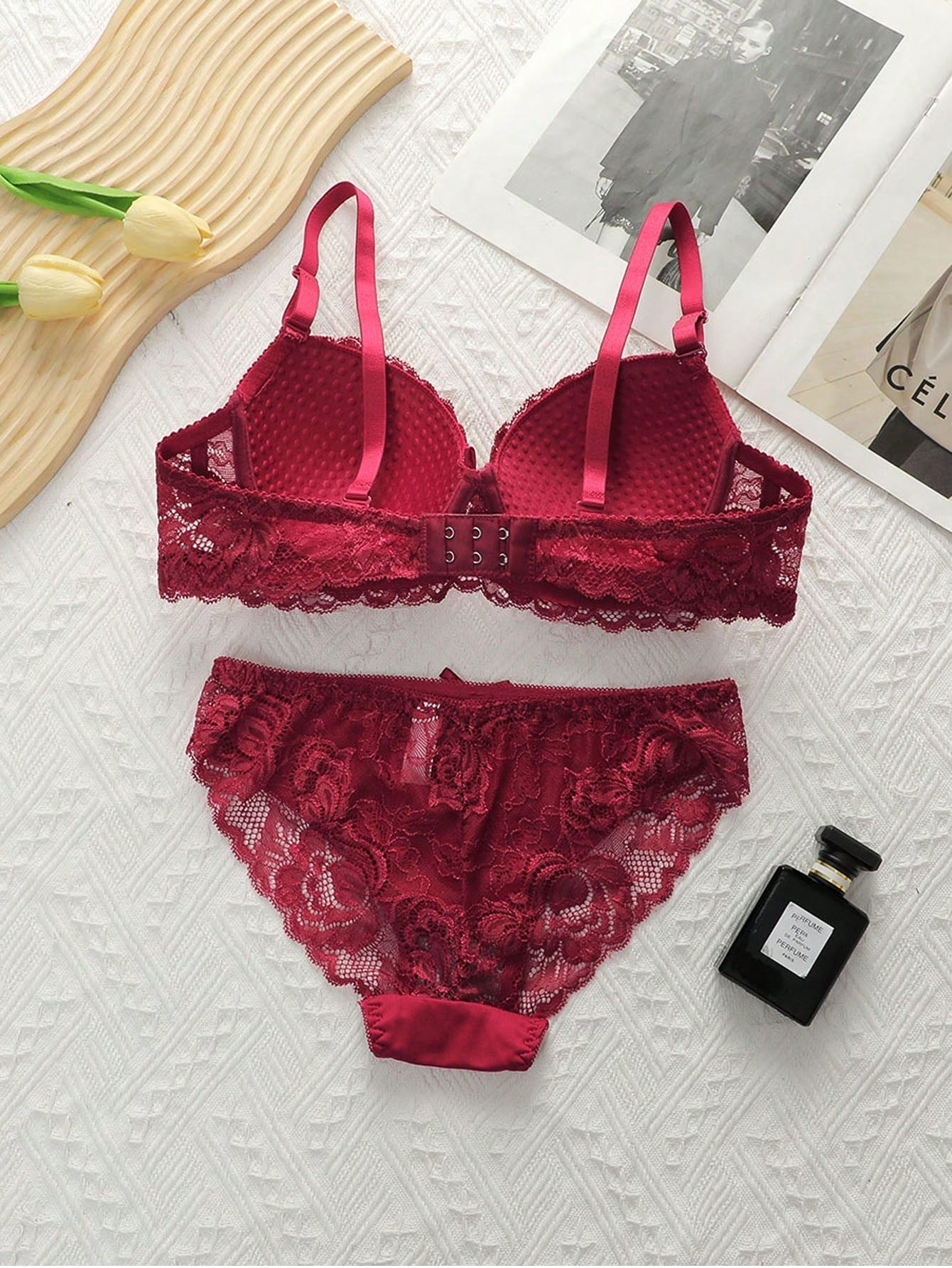 2pcs European & American Style Women's Lingerie Set, Microfiber Lace Bra With Non-Removable Padded Cups
