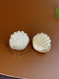 Shein 1pair 2024 Special Four Seasons/French-Style Light Luxury Fan-Shaped Pearl Shell Earrings