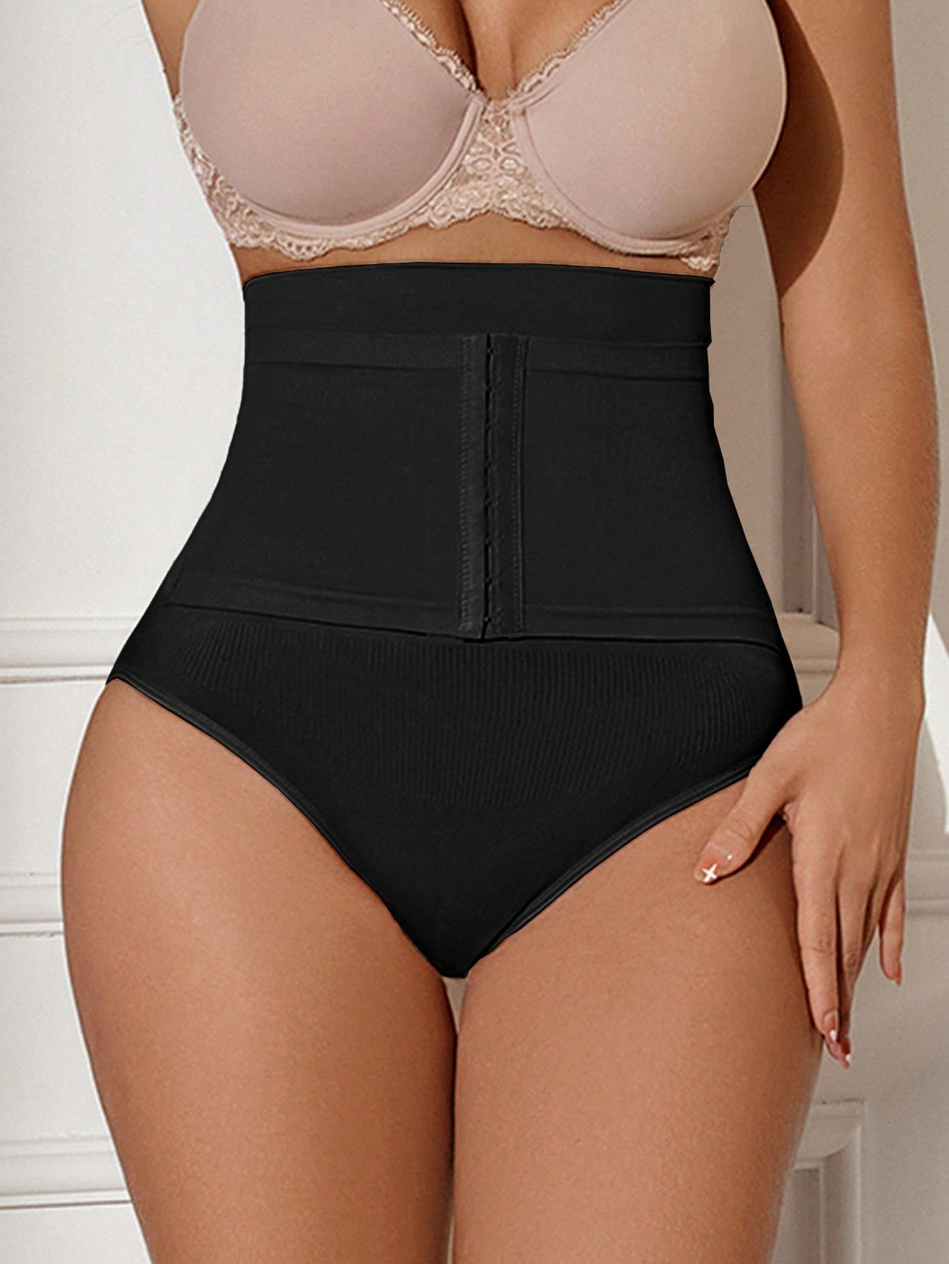 1pc Seamless High Waist Abdomen Control Waist Lifting Shaping Briefs With Front Opening Hook