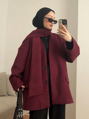 1pc Women's Fashionable & Versatile Solid Color Ribbed Pocket Front Button Wool Blend Jacket