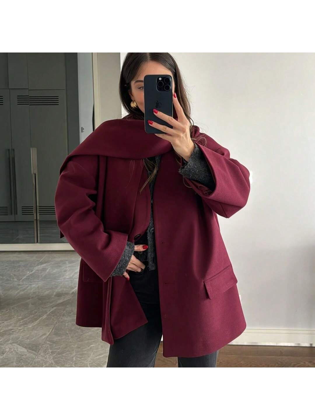 1pc Women's Fashionable & Versatile Solid Color Ribbed Pocket Front Button Wool Blend Jacket