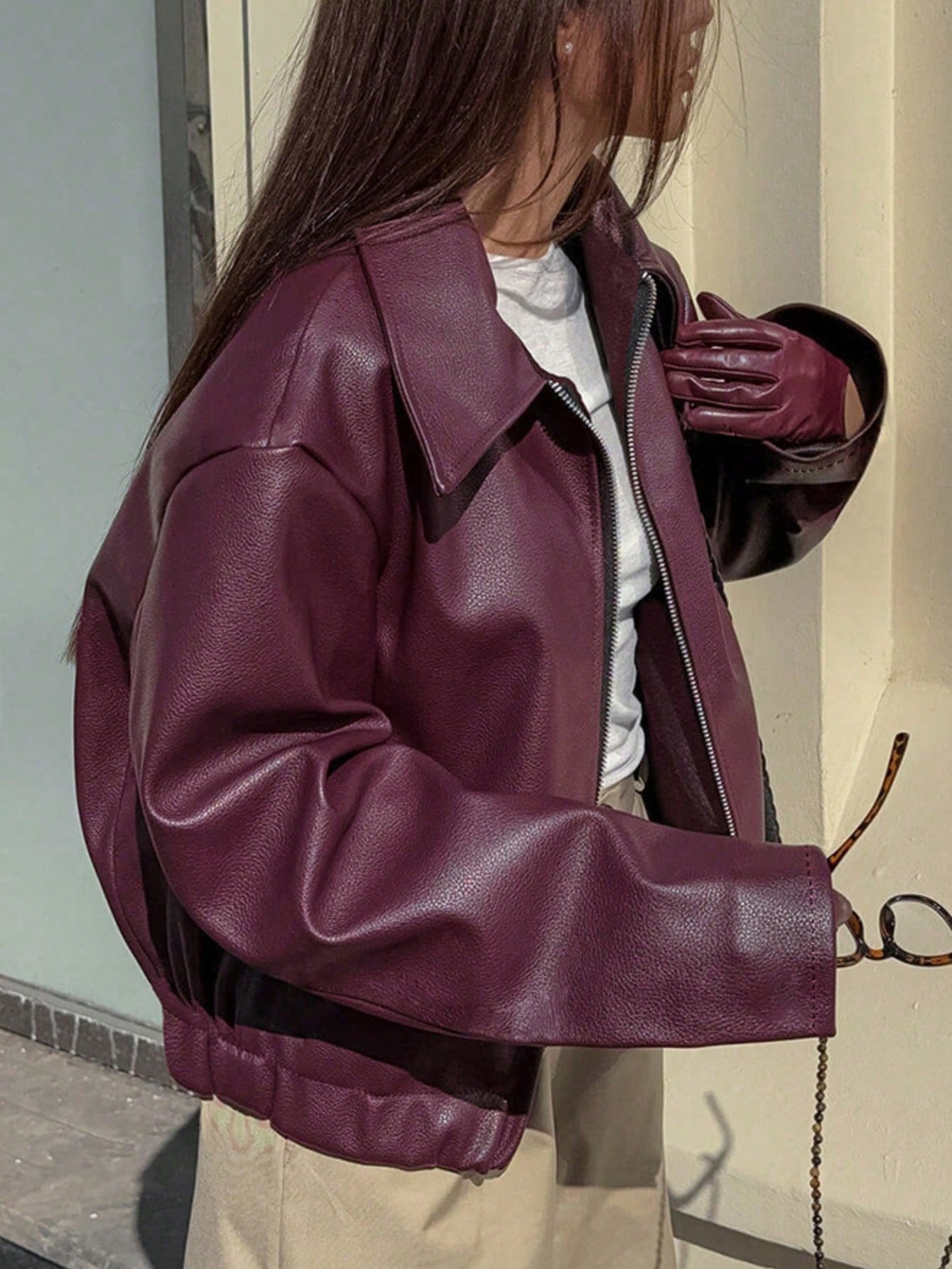 Solid Color Fashionable Loose Matte Leather Jacket