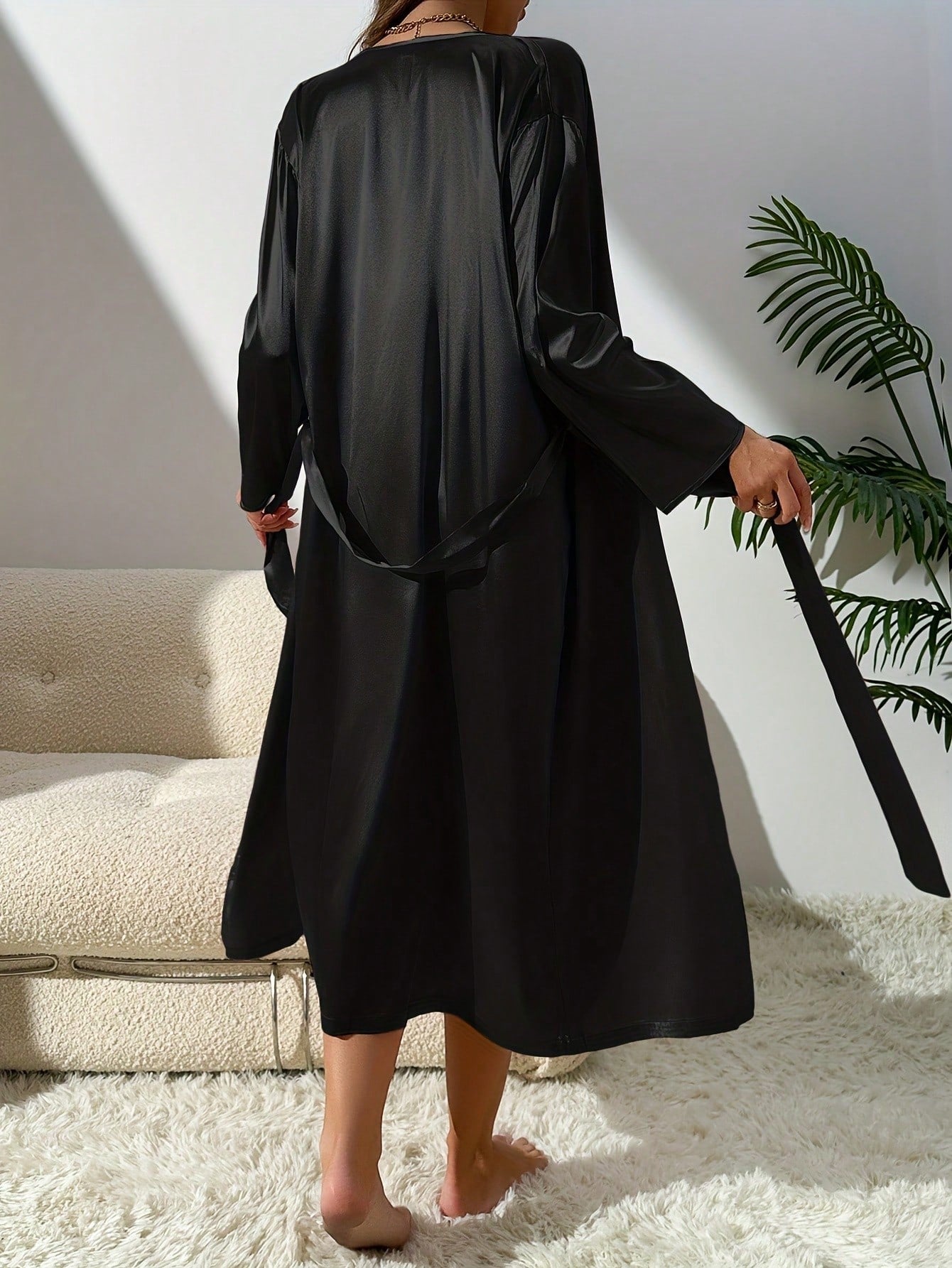 2pcs/Set Women Silk-Like Robe & Nightgown Set, Long Robe And Solid Color Sleepwear