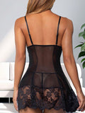 Shein 2pcs/Set Black Mesh Lace Patchwork Net Bowknot Bodycon Thong & Chemise Lingerie Set For Women