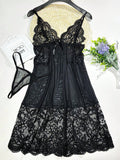 Shein 2pcs/Set Black Mesh Lace Patchwork Net Bowknot Bodycon Thong & Chemise Lingerie Set For Women