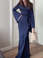 2pcs Women Elegant Plain Color Long Sleeve Top And Skirt Set