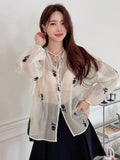 Shein DAZY Floral Embroidery Tie Neck Lantern Sleeve Blouse