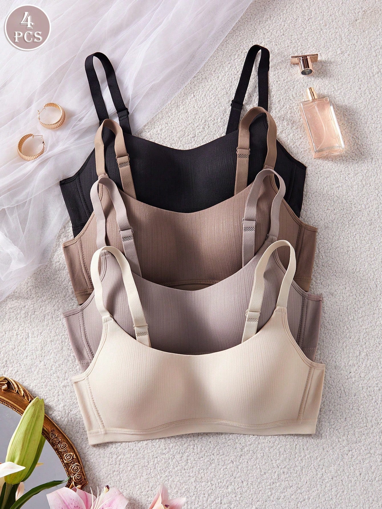 Comfortable Off-White Casual Stripe Wireless Soft Cup Solid Bralette
