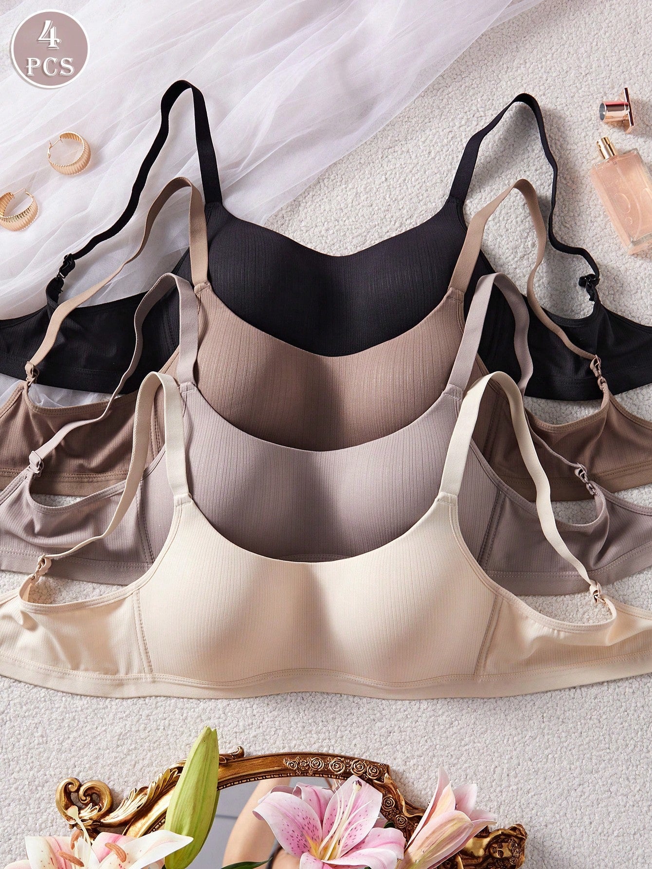 Comfortable Mauve Casual Stripe Wireless Soft Cup Solid Bralette