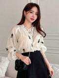 Shein DAZY Floral Embroidery Tie Neck Lantern Sleeve Blouse