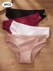 4pcs/Set Women's Comfortable Low Waist Contrast Lace Ribbed Panties