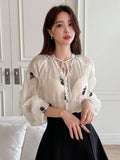 Shein DAZY Floral Embroidery Tie Neck Lantern Sleeve Blouse