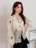 Shein DAZY Floral Embroidery Tie Neck Lantern Sleeve Blouse