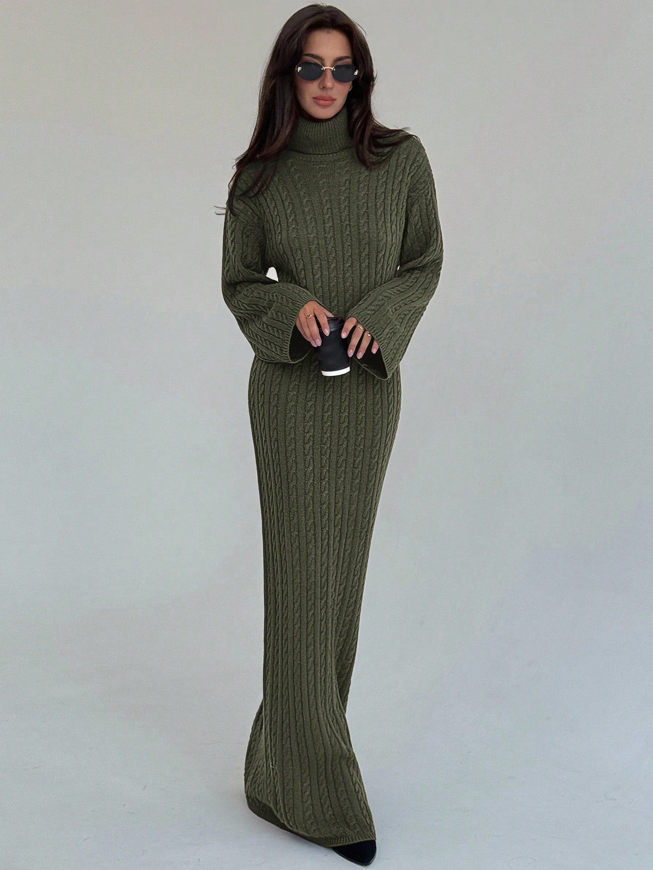 Cable Knit Long Fitted Turtleneck Relaxed Loose Sweater Dress