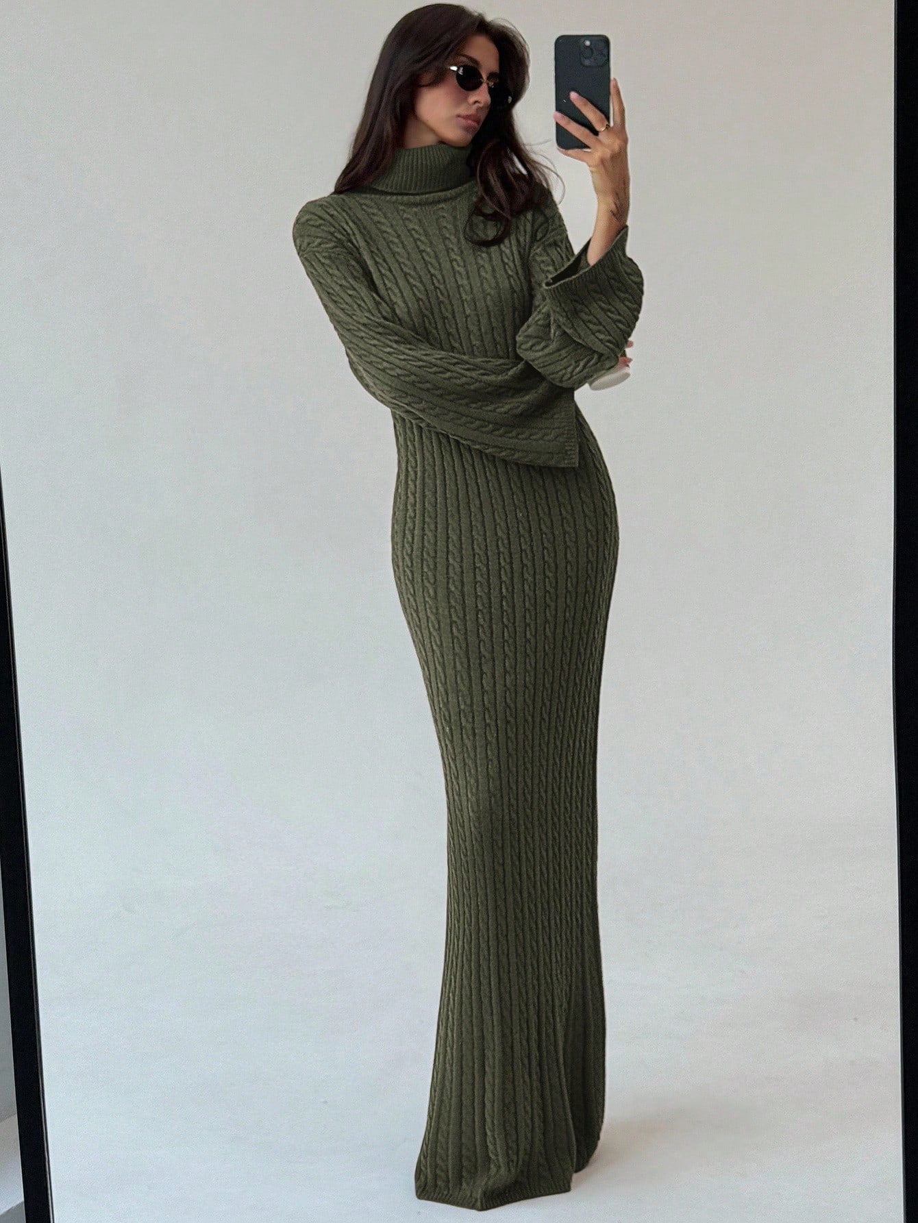 Cable Knit Long Fitted Turtleneck Relaxed Loose Sweater Dress