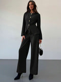 Shein Aloruh 1 Set Office/Commute Apricot Color Fitted Long Sleeve Blouse + Floor-Length Straight Leg Pants For Women