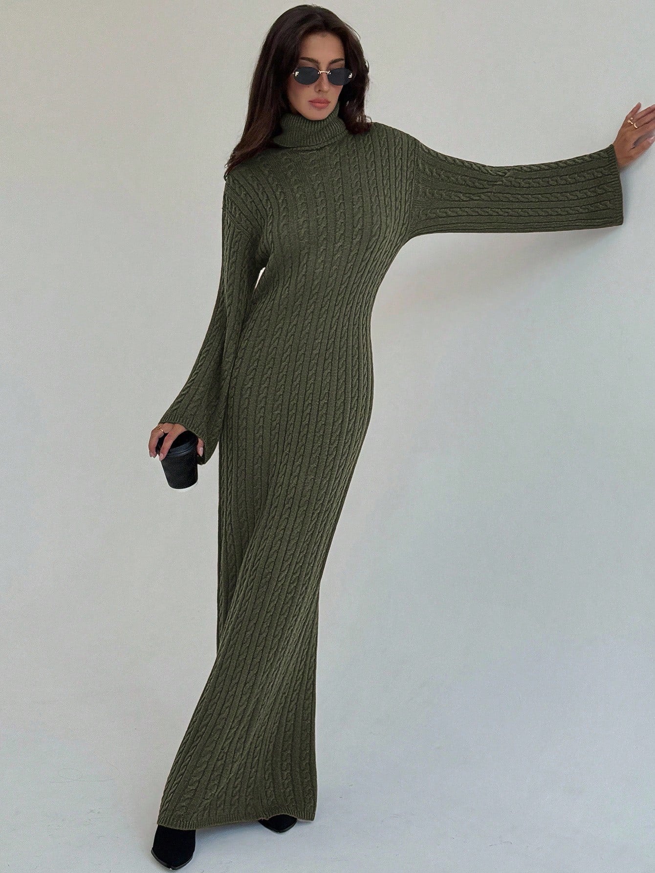Cable Knit Long Fitted Turtleneck Relaxed Loose Sweater Dress