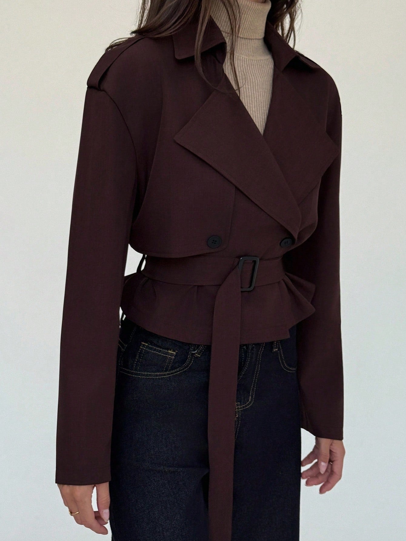 Solid Color Short Lapel Collar Trench Coat