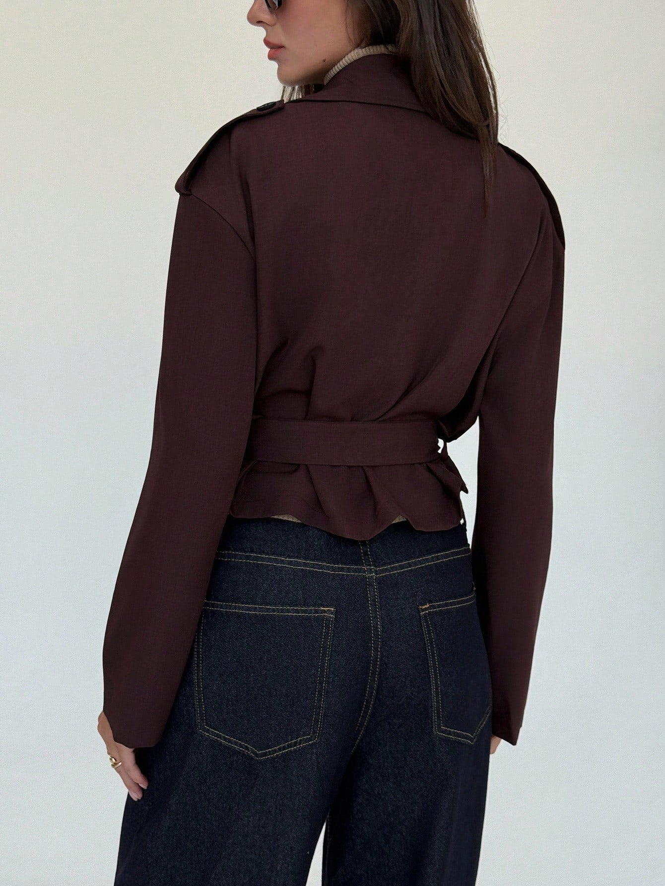 Solid Color Short Lapel Collar Trench Coat