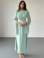 Elegant Green Party Dress For Women High-End Party Long Sleeve Round Neck Ruched Fitted Dress For Women, Autumn/Winter