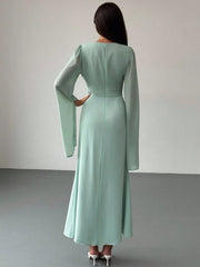 Elegant Green Party Dress For Women High-End Party Long Sleeve Round Neck Ruched Fitted Dress For Women, Autumn/Winter