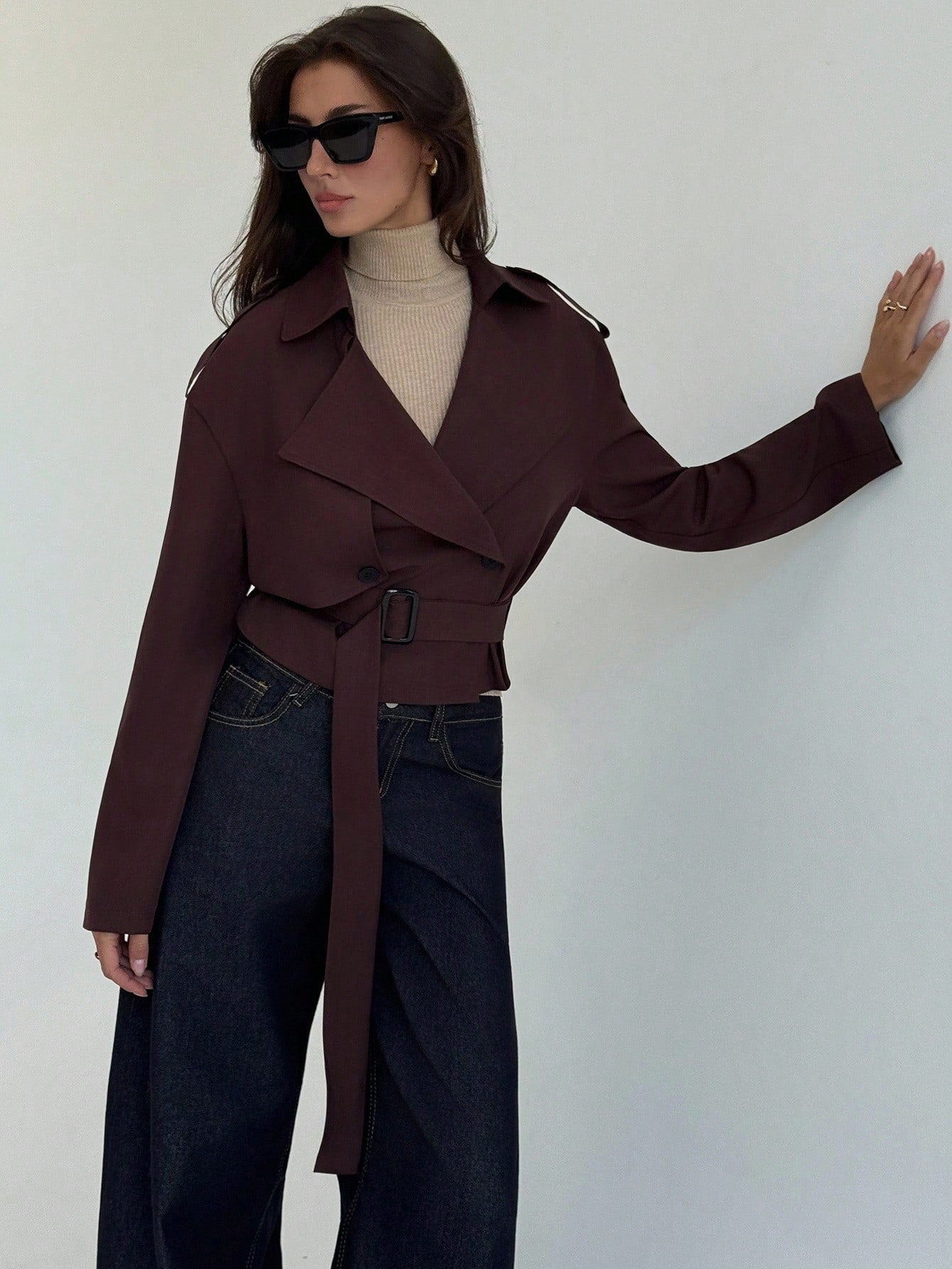 Solid Color Short Lapel Collar Trench Coat