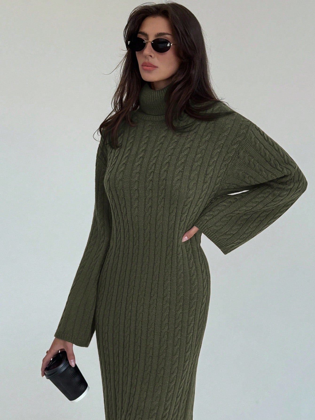 Cable Knit Long Fitted Turtleneck Relaxed Loose Sweater Dress