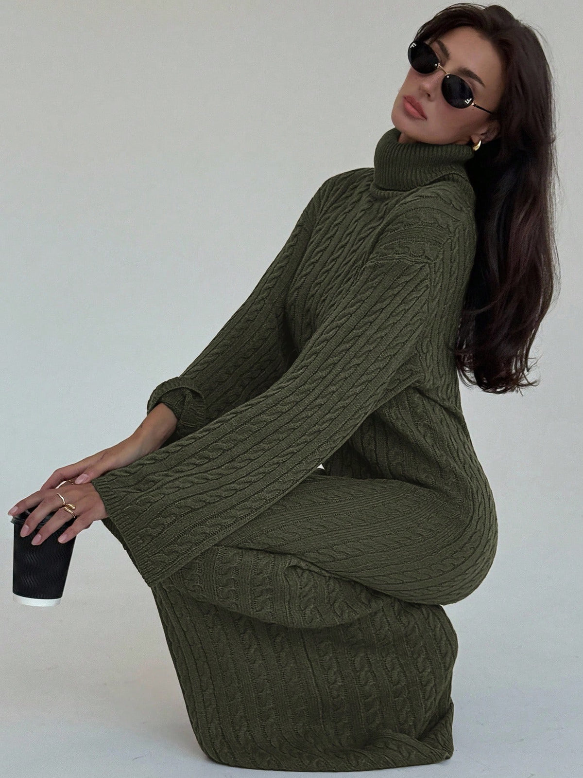 Cable Knit Long Fitted Turtleneck Relaxed Loose Sweater Dress
