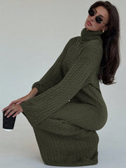 Cable Knit Long Fitted Turtleneck Relaxed Loose Sweater Dress